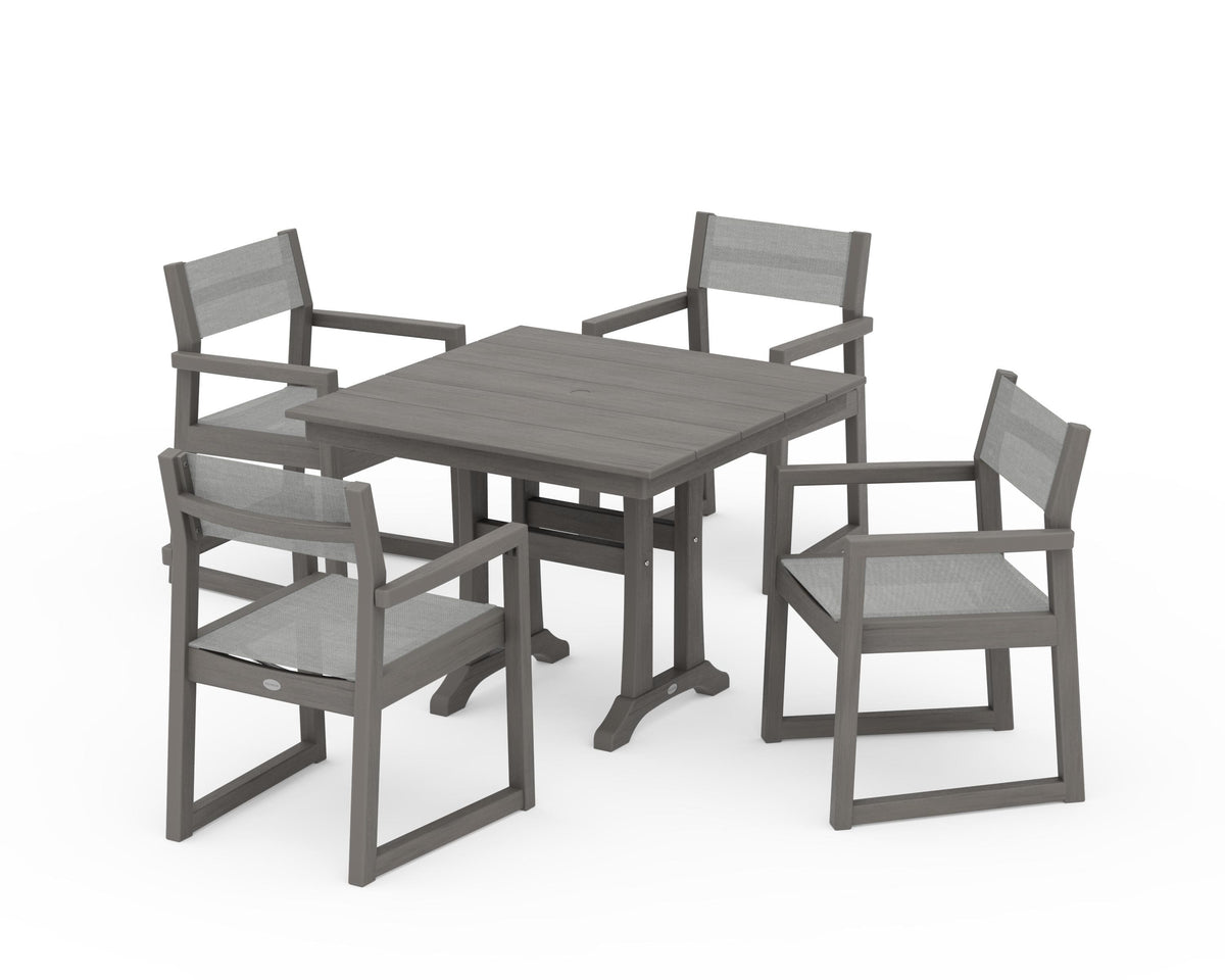 POLYWOOD EDGE Sling 5-Piece Farmhouse Dining Set with Trestle Legs in Driftwood / Metallic