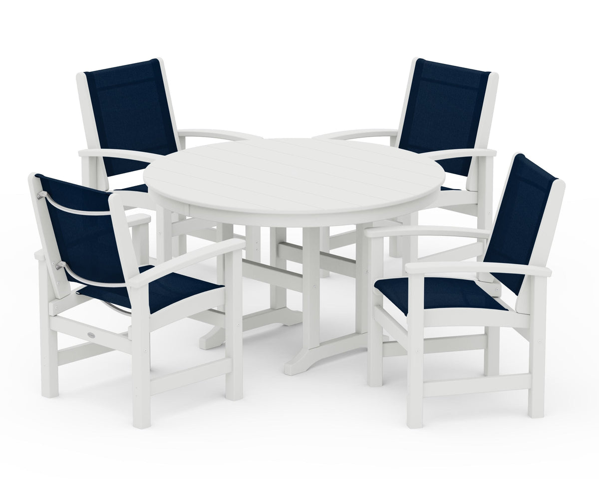 POLYWOOD Coastal 5-Piece Round Farmhouse Dining Set in Vintage White / Navy Blue