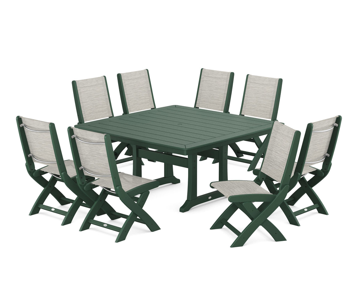 POLYWOOD Coastal Folding Side Chair 9-Piece Dining Set with Trestle Legs in Green / Birch