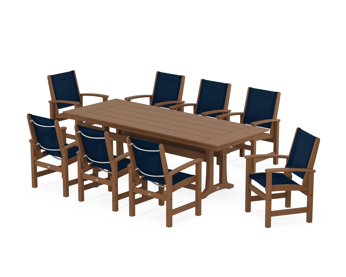 POLYWOOD Coastal 9-Piece Farmhouse Dining Set with Trestle Legs in Teak / Navy Blue