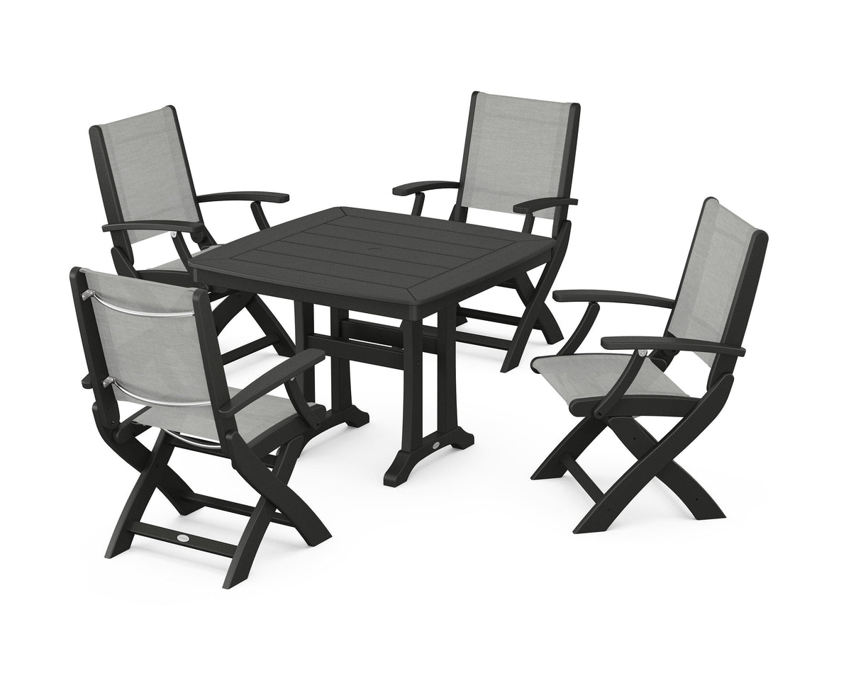 POLYWOOD Coastal Folding Chair 5-Piece Dining Set with Trestle Legs in Black / Metallic