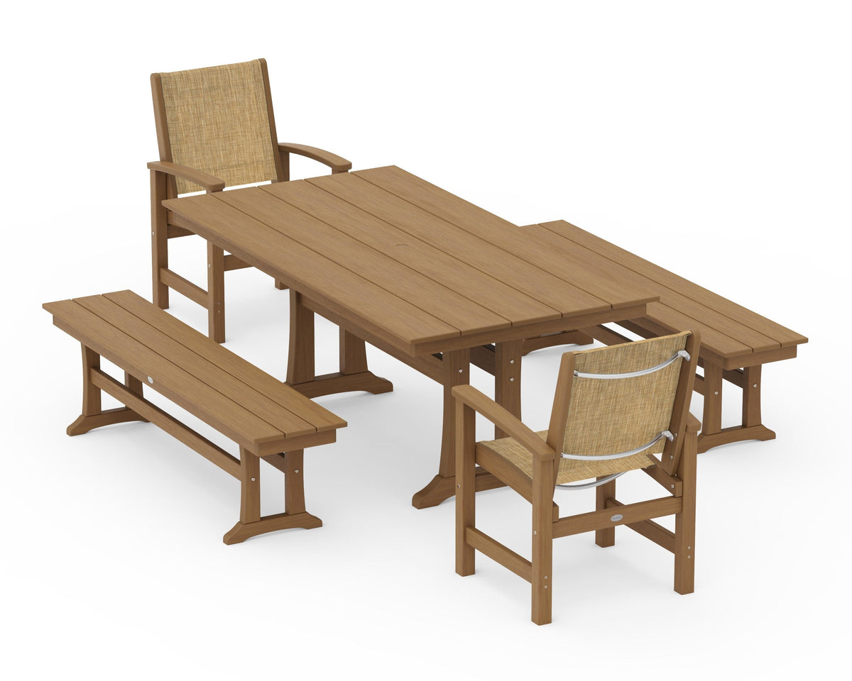 POLYWOOD Coastal 5-Piece Farmhouse Dining Set with Trestle Legs and Benches in Natural / Burlap
