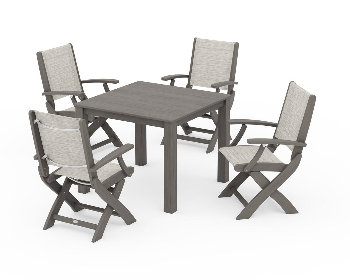 POLYWOOD Coastal Folding Chair 5-Piece Parsons Dining Set in Driftwood / Birch