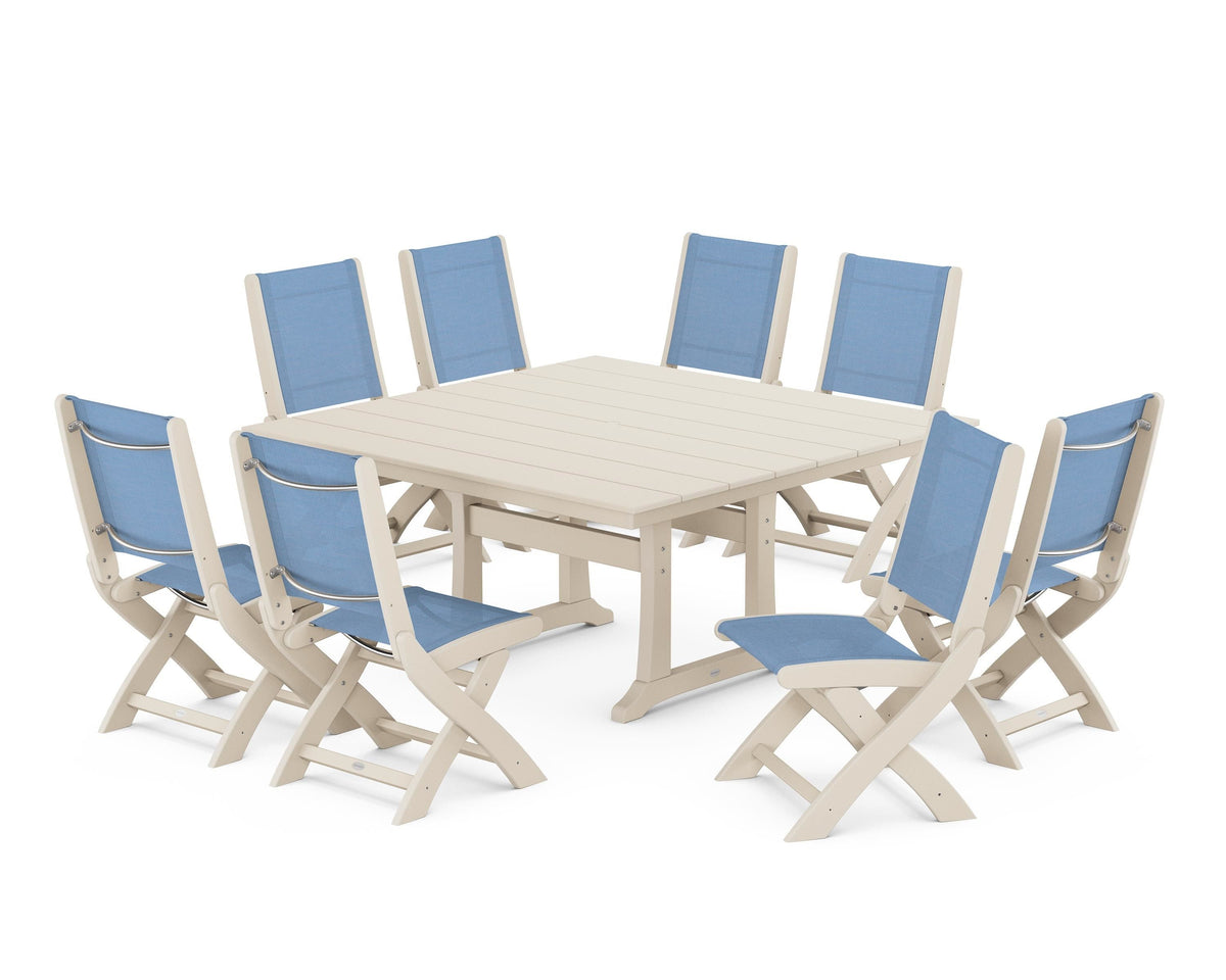 POLYWOOD Coastal Folding Side Chair 9-Piece Farmhouse Dining Set in Sand / Poolside