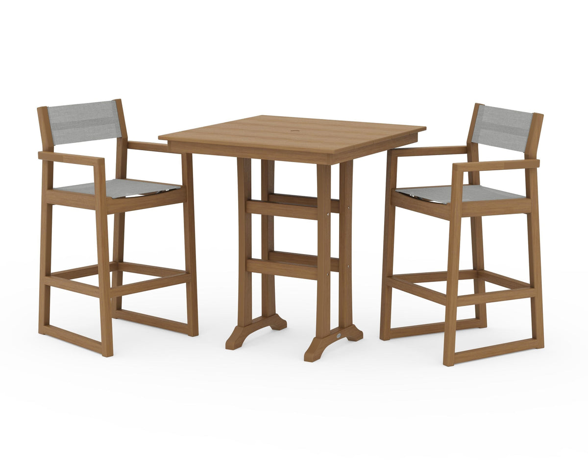 POLYWOOD EDGE Sling Arm Chair 3-Piece Farmhouse Bar Set with Trestle Legs in Natural / Metallic