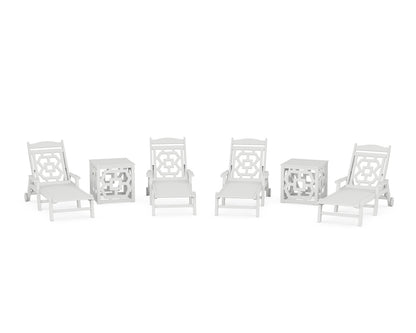 POLYWOOD Chinoiserie 6-Piece Chaise Set with Umbrella Stand Accent Table in White