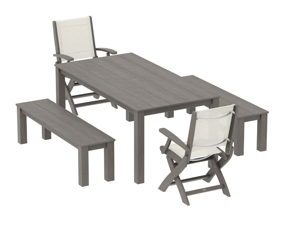 POLYWOOD Coastal Folding Chair 5-Piece Parsons Dining Set with Benches in Driftwood / Parchment
