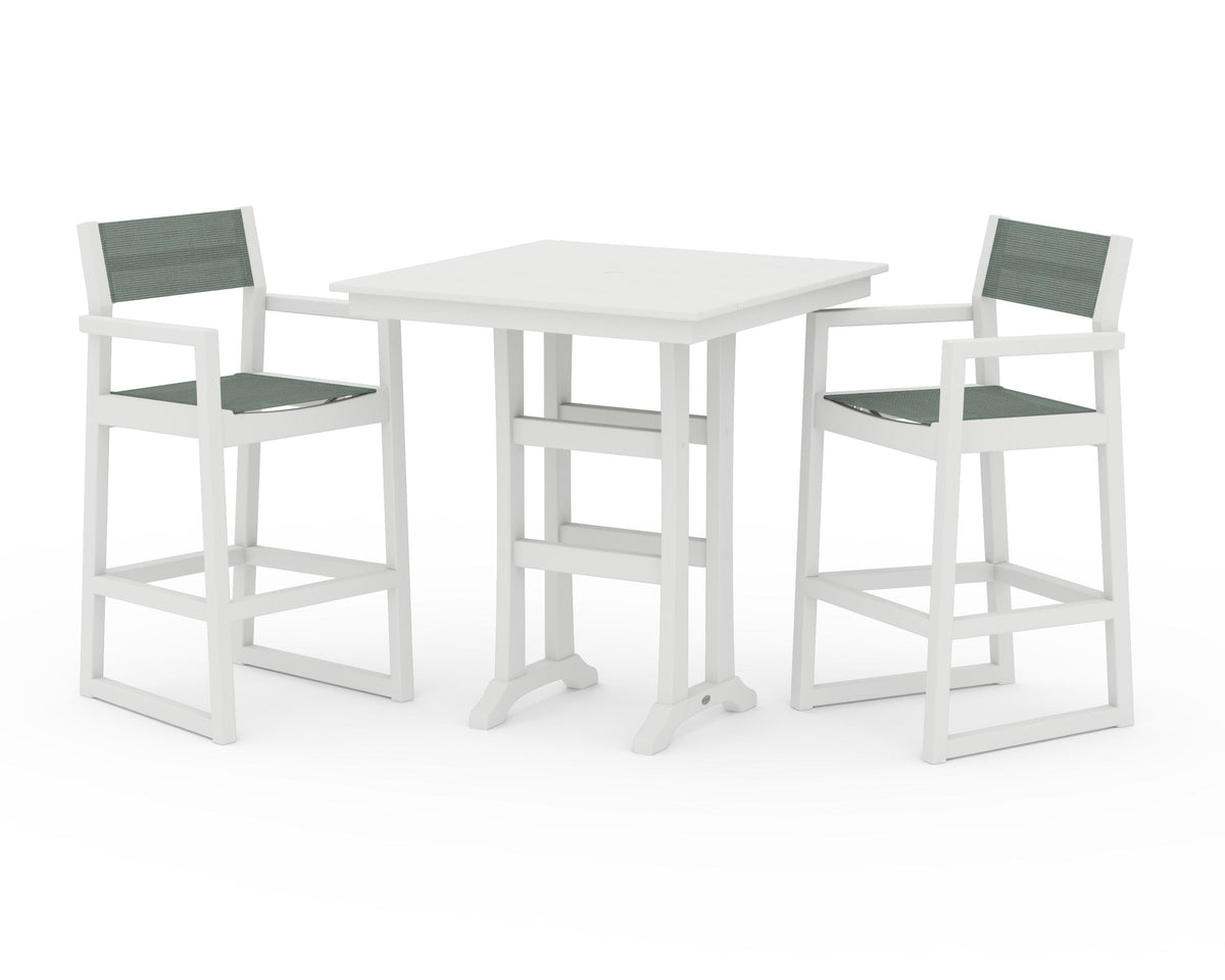 POLYWOOD EDGE Sling Arm Chair 3-Piece Farmhouse Bar Set with Trestle Legs in Vintage White / Dupioni Sea Mist