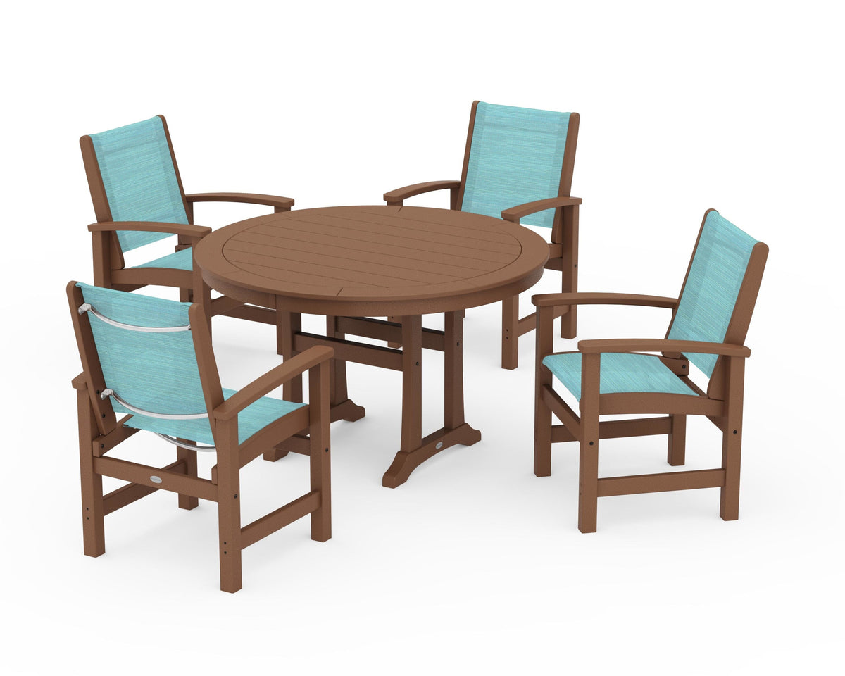 POLYWOOD Coastal 5-Piece Round Dining Set with Trestle Legs in Teak / Dupioni Aquamarine
