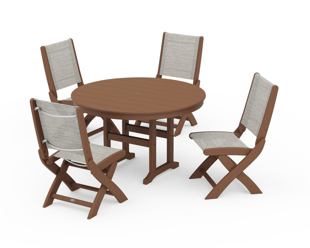 POLYWOOD Coastal Folding Side Chair 5-Piece Round Dining Set in Teak / Birch
