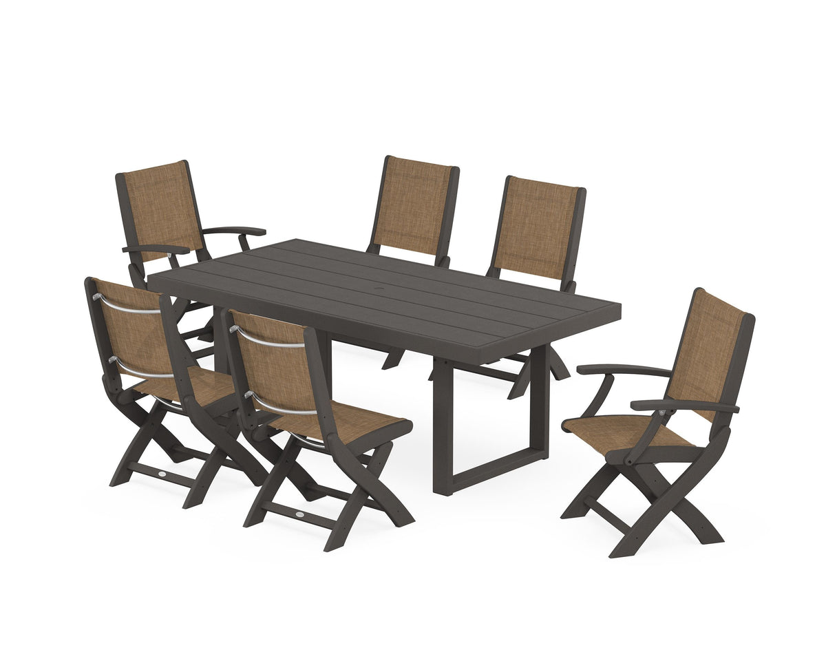POLYWOOD Coastal Folding Chair 7-Piece Dining Set with Trestle Legs with EDGE 40" x 78" Dining Table in Vintage Coffee / Burlap