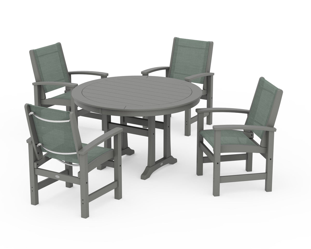 POLYWOOD Coastal 5-Piece Round Dining Set with Trestle Legs in Slate Grey / Dupioni Sea Mist