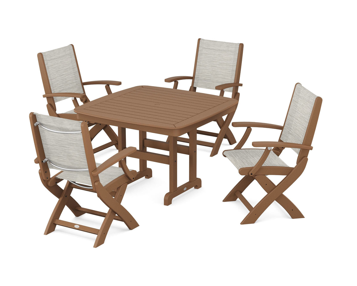 POLYWOOD Coastal Folding Chair 5-Piece Dining Set with Nautical 44" Dining Table in Teak / Birch