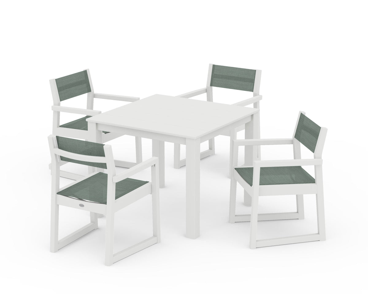 POLYWOOD EDGE Sling Arm Chair 5-Piece Parsons Dining Set in Vintage White / Dupioni Sea Mist