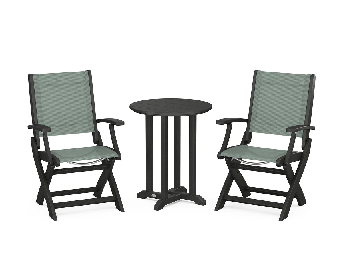 POLYWOOD Coastal Folding 3-Piece Round Bistro Dining Set in Black / Dupioni Sea Mist