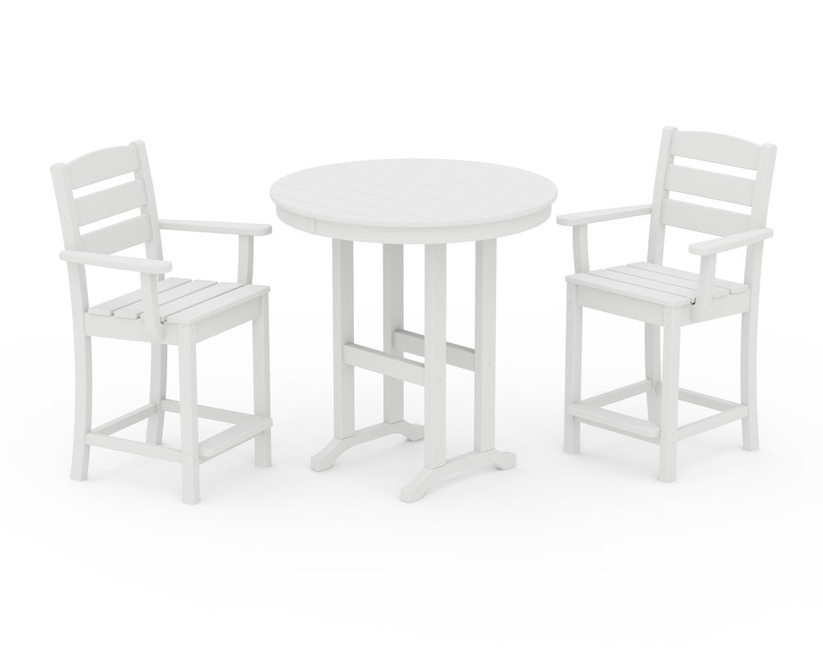 POLYWOOD Lakeside 3-Piece Round Farmhouse Arm Chair Counter Set in White