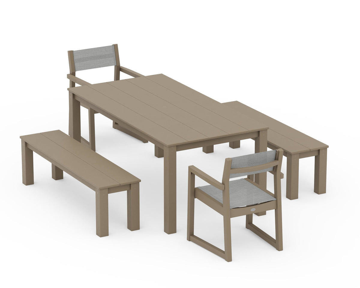POLYWOOD EDGE Sling Arm Chair 5-Piece Parsons Dining Set with Benches in Vintage Sahara / Metallic
