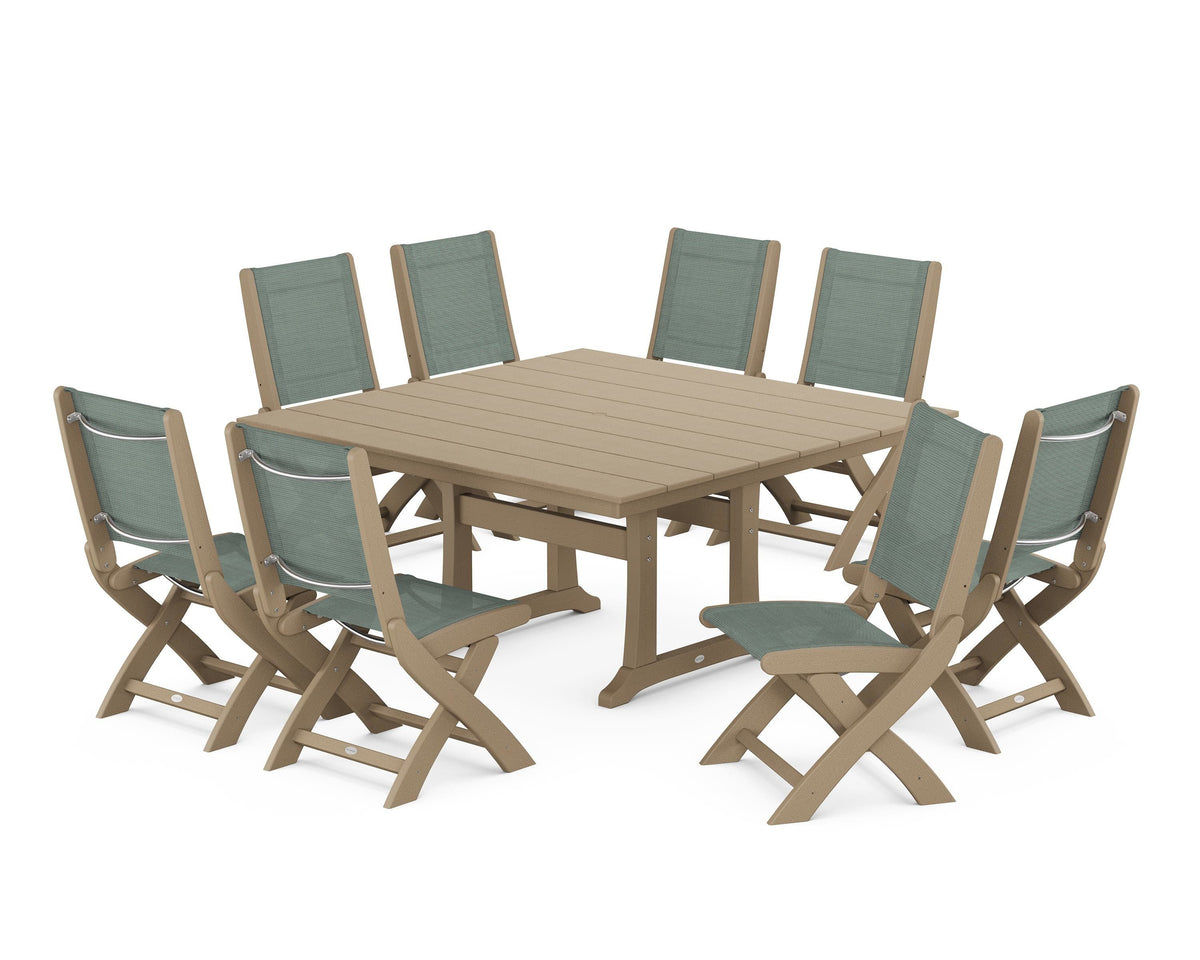 POLYWOOD Coastal Folding Side Chair 9-Piece Farmhouse Dining Set in Vintage Sahara / Dupioni Sea Mist