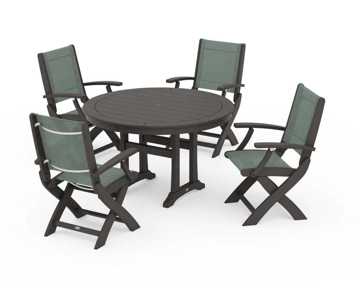 POLYWOOD Coastal Folding Chair 5-Piece Round Dining Set with Trestle Legs in Vintage Coffee / Dupioni Sea Mist
