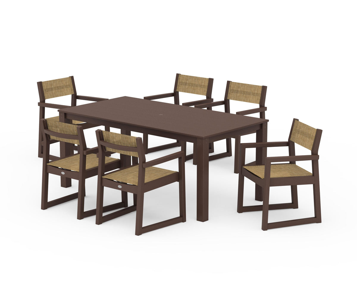 POLYWOOD EDGE Sling Arm Chair 7-Piece Parsons Dining Set in Mahogany / Burlap