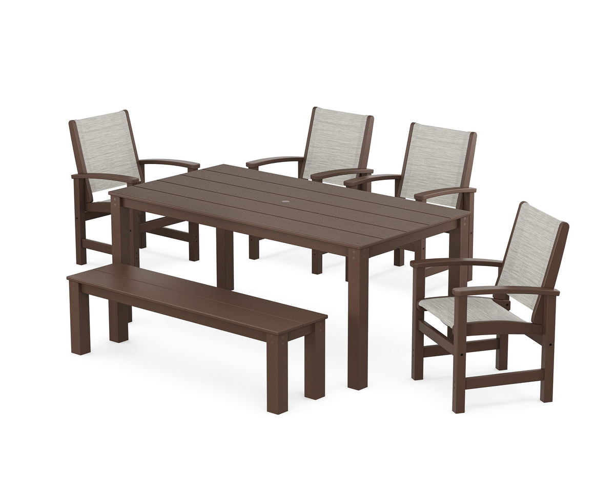 POLYWOOD Coastal 6-Piece Parsons Dining Set with Bench in Mahogany / Birch