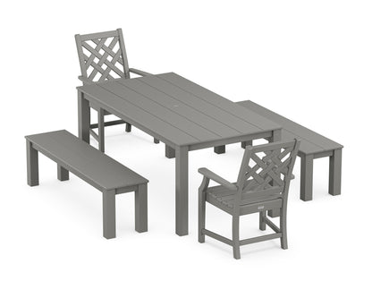 POLYWOOD Wovendale 5-Piece Parsons Dining Set with Benches in Slate Grey