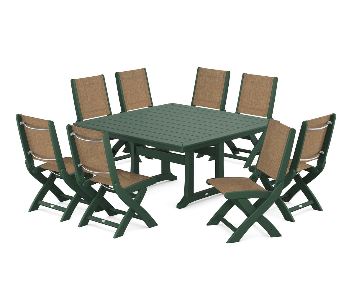 POLYWOOD Coastal Folding Side Chair 9-Piece Dining Set with Trestle Legs in Green / Burlap