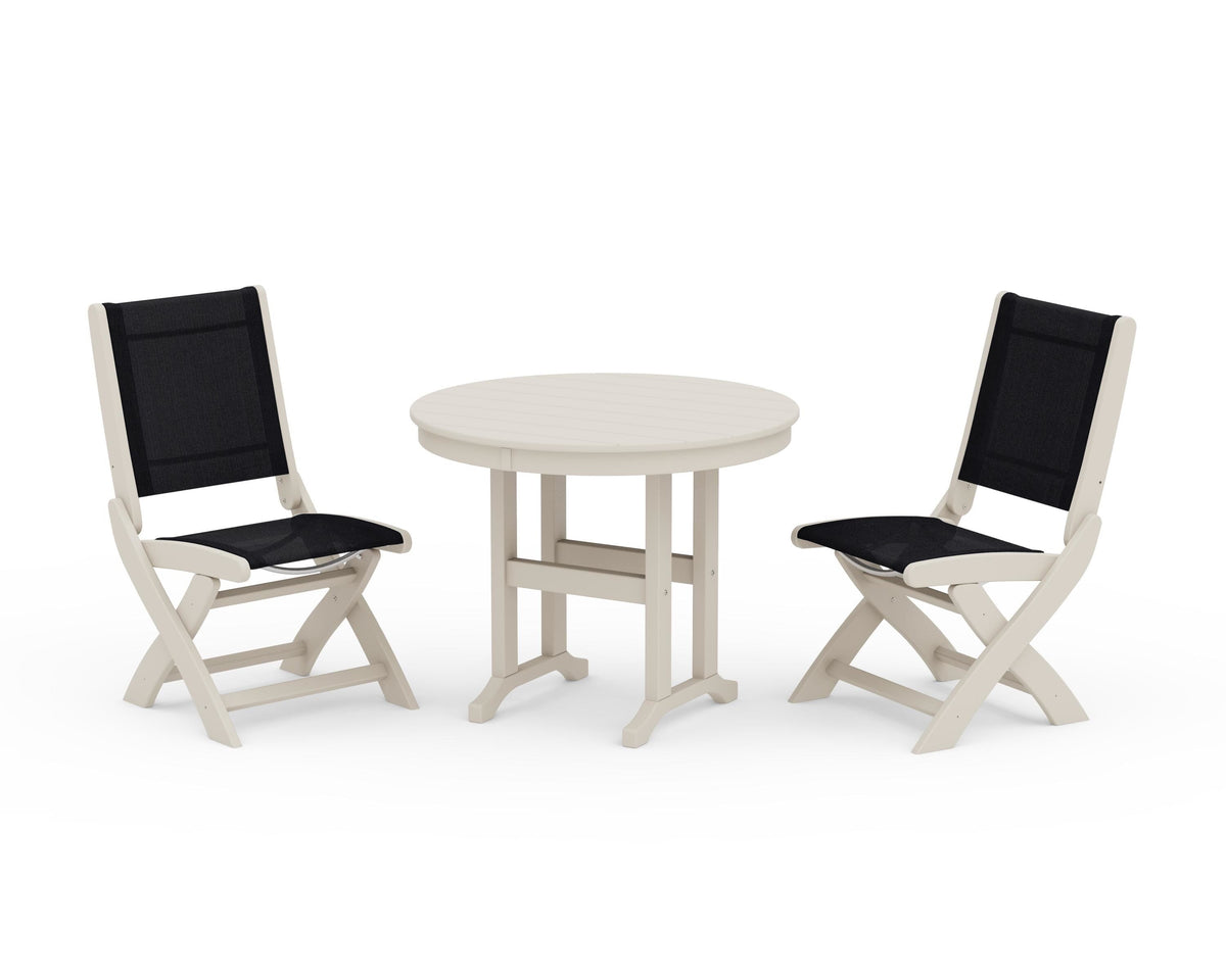 POLYWOOD Coastal Folding Side Chair 3-Piece Round Dining Set in Sand / Black