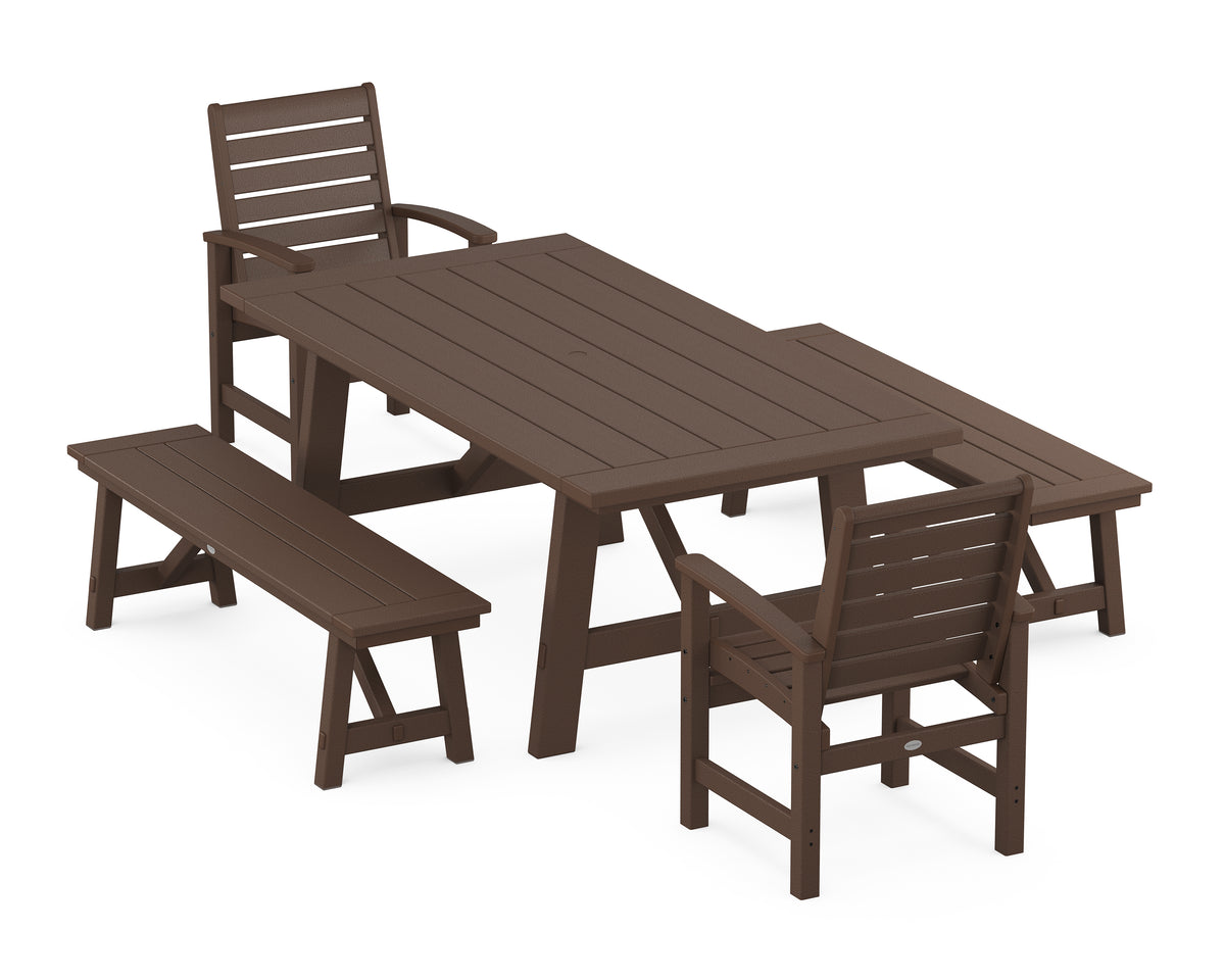 POLYWOOD Signature 5-Piece Rustic Farmhouse Dining Set with Benches in Mahogany
