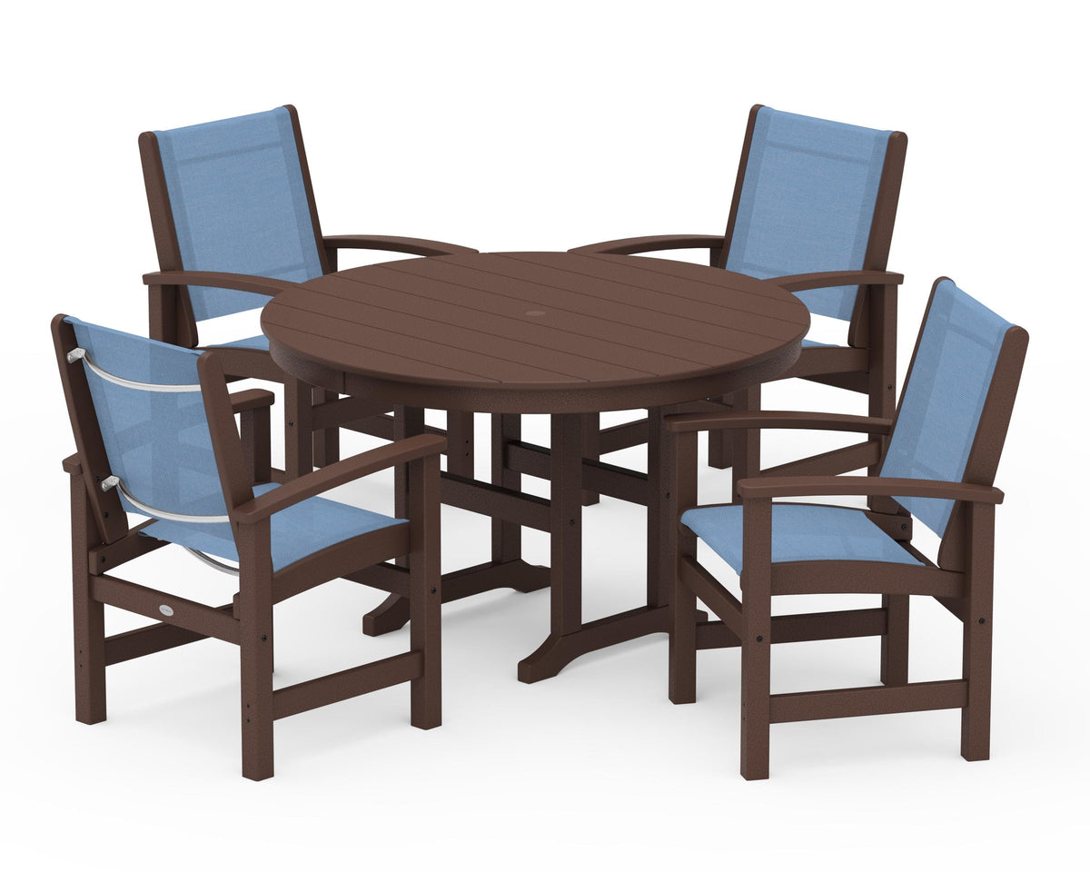 POLYWOOD Coastal 5-Piece Round Farmhouse Dining Set in Mahogany / Poolside