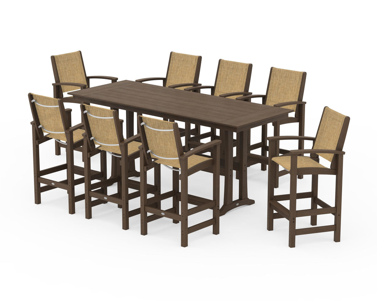 POLYWOOD Coastal 9-Piece Farmhouse Bar Set with Trestle Legs in Kona / Burlap