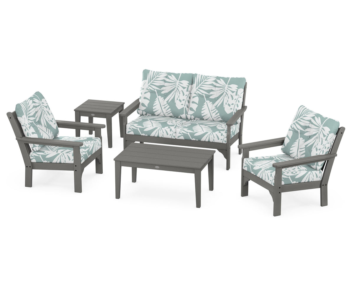 POLYWOOD Vineyard 5-Piece Deep Seating Set with Two Chairs and Loveseat in Slate Grey / Leaf Glacier Spa