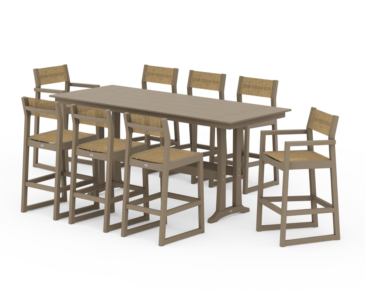POLYWOOD EDGE Sling 9-Piece Farmhouse Bar Set with Trestle Legs in Vintage Sahara / Burlap