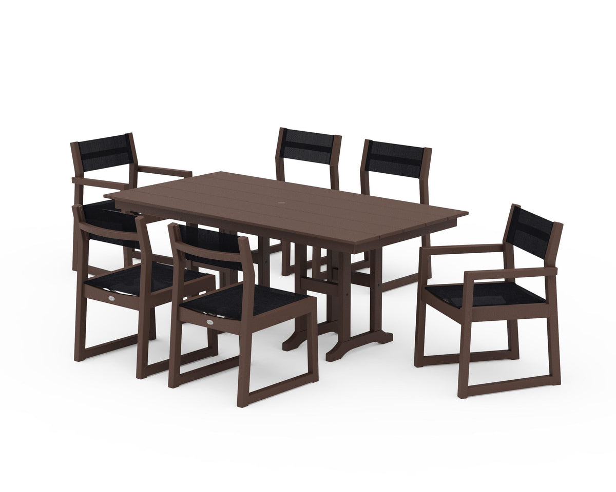 POLYWOOD EDGE Sling 7-Piece Farmhouse Dining Set in Mahogany / Black