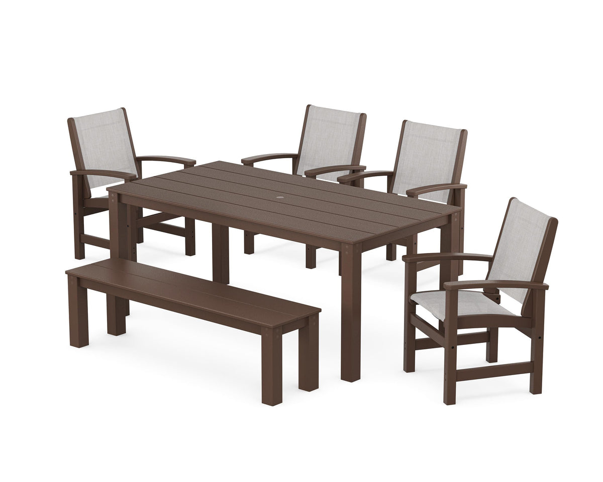 POLYWOOD Coastal 6-Piece Parsons Dining Set with Bench in Mahogany / Parchment