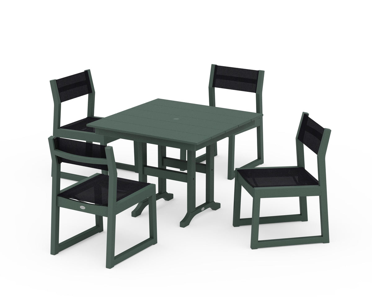 POLYWOOD EDGE Sling Side Chair 5-Piece Farmhouse Dining Set in Green / Black