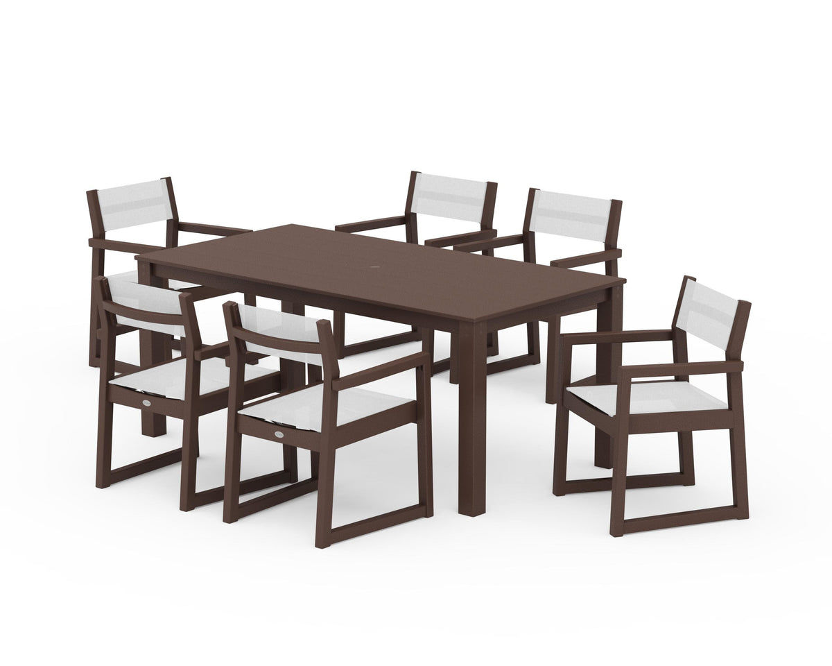 POLYWOOD EDGE Sling Arm Chair 7-Piece Parsons Dining Set in Mahogany / White