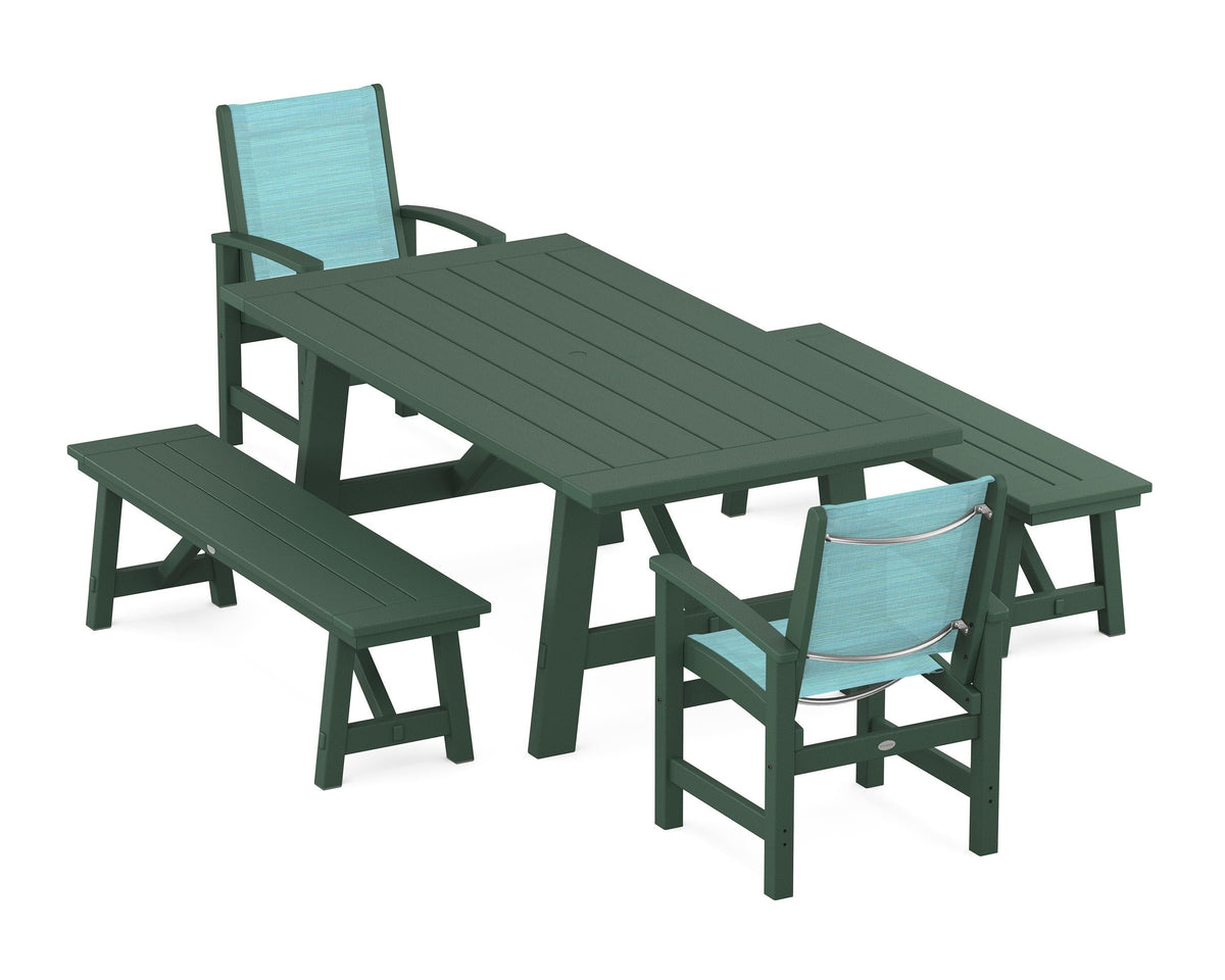 POLYWOOD Coastal 5-Piece Rustic Farmhouse Dining Set With Benches in Green / Dupioni Aquamarine