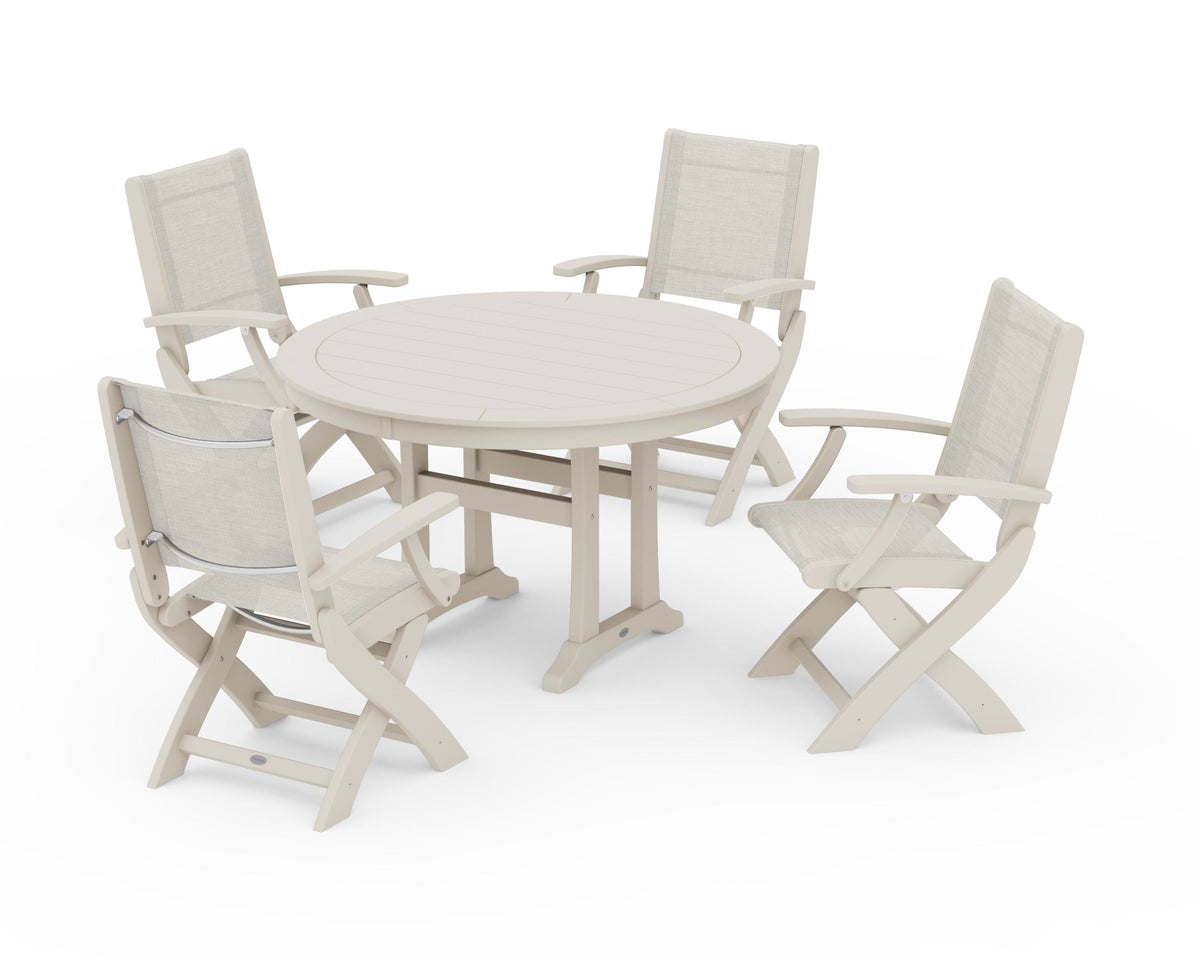 POLYWOOD Coastal Folding Chair 5-Piece Round Dining Set with Trestle Legs in Sand / Parchment