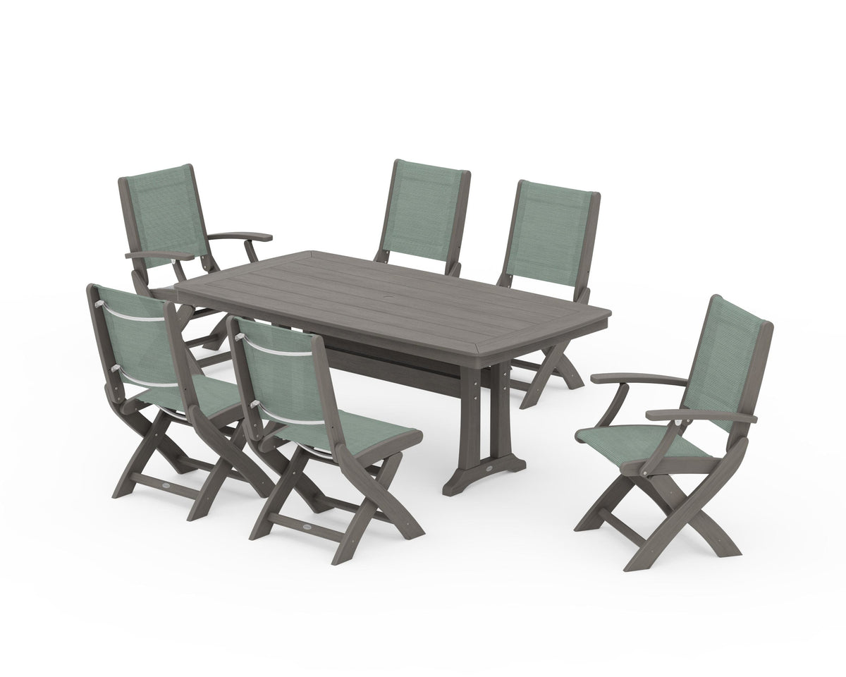 POLYWOOD Coastal Folding Chair 7-Piece Dining Set with Trestle Legs with Nautical Trestle 38" x 73" Dining Table in Driftwood / Dupioni Sea Mist