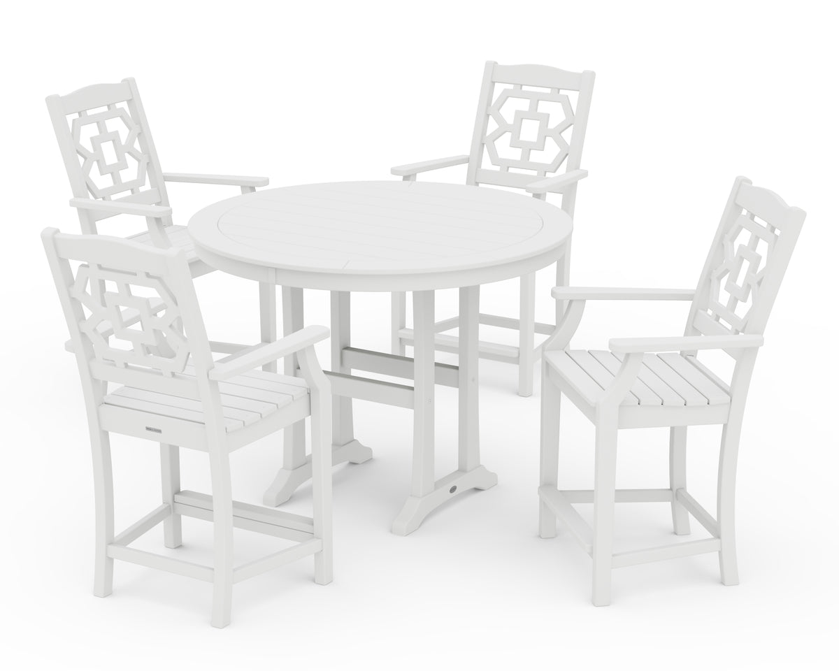 POLYWOOD Chinoiserie 5-Piece Round Counter Set in White