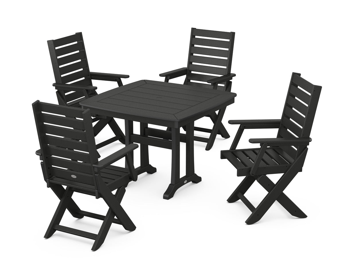 POLYWOOD Captain Folding Chair 5-Piece Dining Set with Trestle Legs - 37" Table in Black