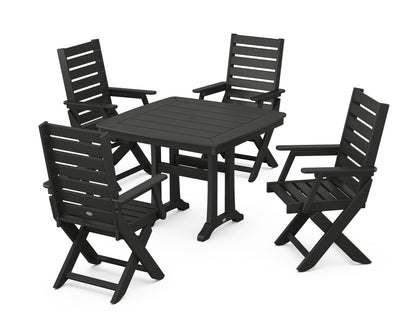 POLYWOOD Captain Folding Chair 5-Piece Dining Set with Trestle Legs - 37" Table in Black