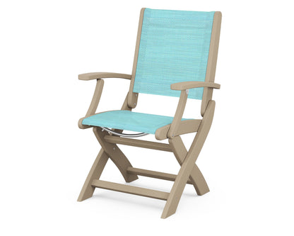 POLYWOOD Coastal Folding Chair in Vintage Sahara with Vintage Sahara arms and Dupioni Aquamarine sling
