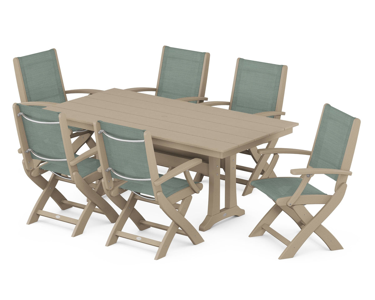 POLYWOOD Coastal Folding Arm Chair 7-Piece Farmhouse Dining Set with Trestle Legs in Vintage Sahara / Dupioni Sea Mist