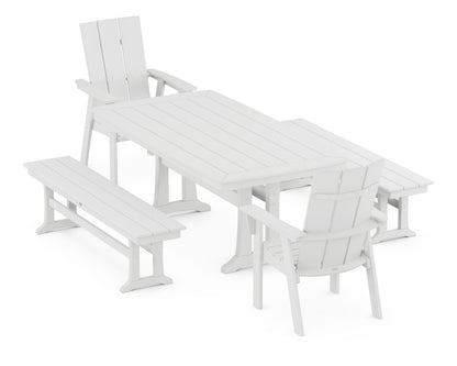 POLYWOOD Modern Curveback Adirondack 5-Piece Dining Set with Trestle Legs in White