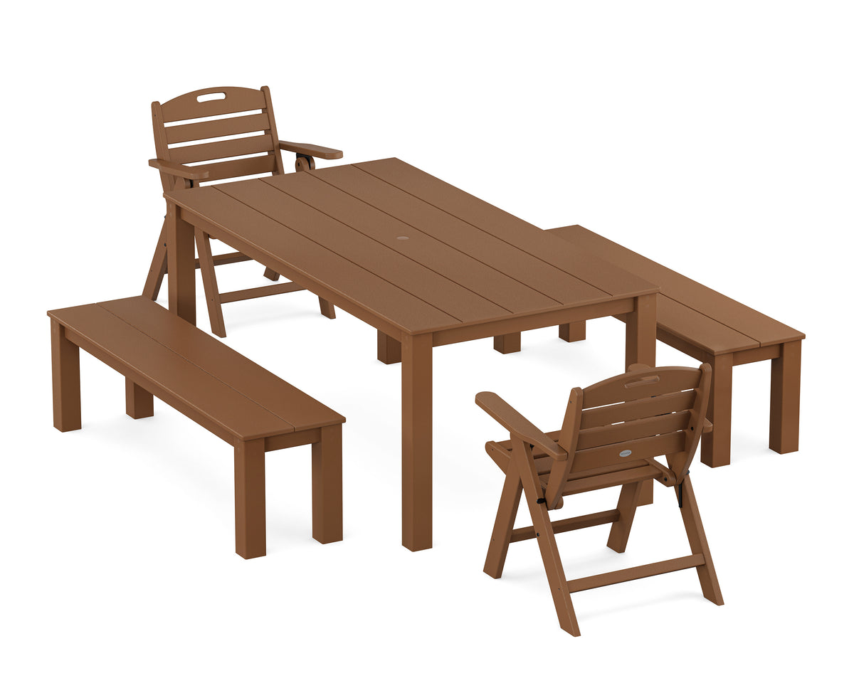 POLYWOOD Nautical Folding Lowback Chair 5-Piece Parsons Dining Set with Benches in Teak