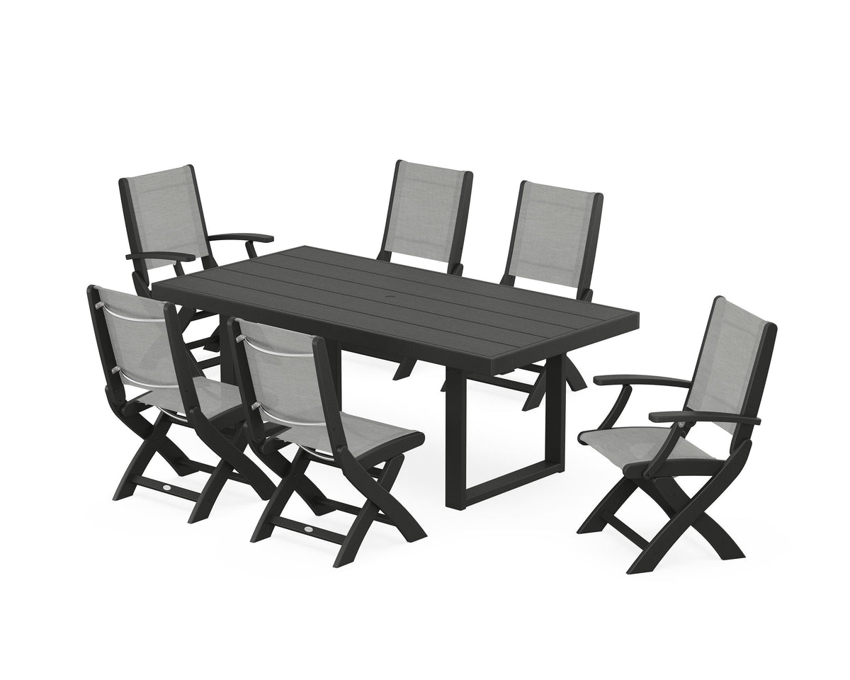 POLYWOOD Coastal Folding Chair 7-Piece Dining Set with Trestle Legs with EDGE 40" x 78" Dining Table in Black / Metallic