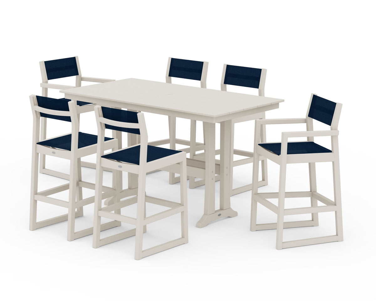 POLYWOOD EDGE Sling 7-Piece Farmhouse Bar Set with Trestle Legs in Sand / Navy Blue
