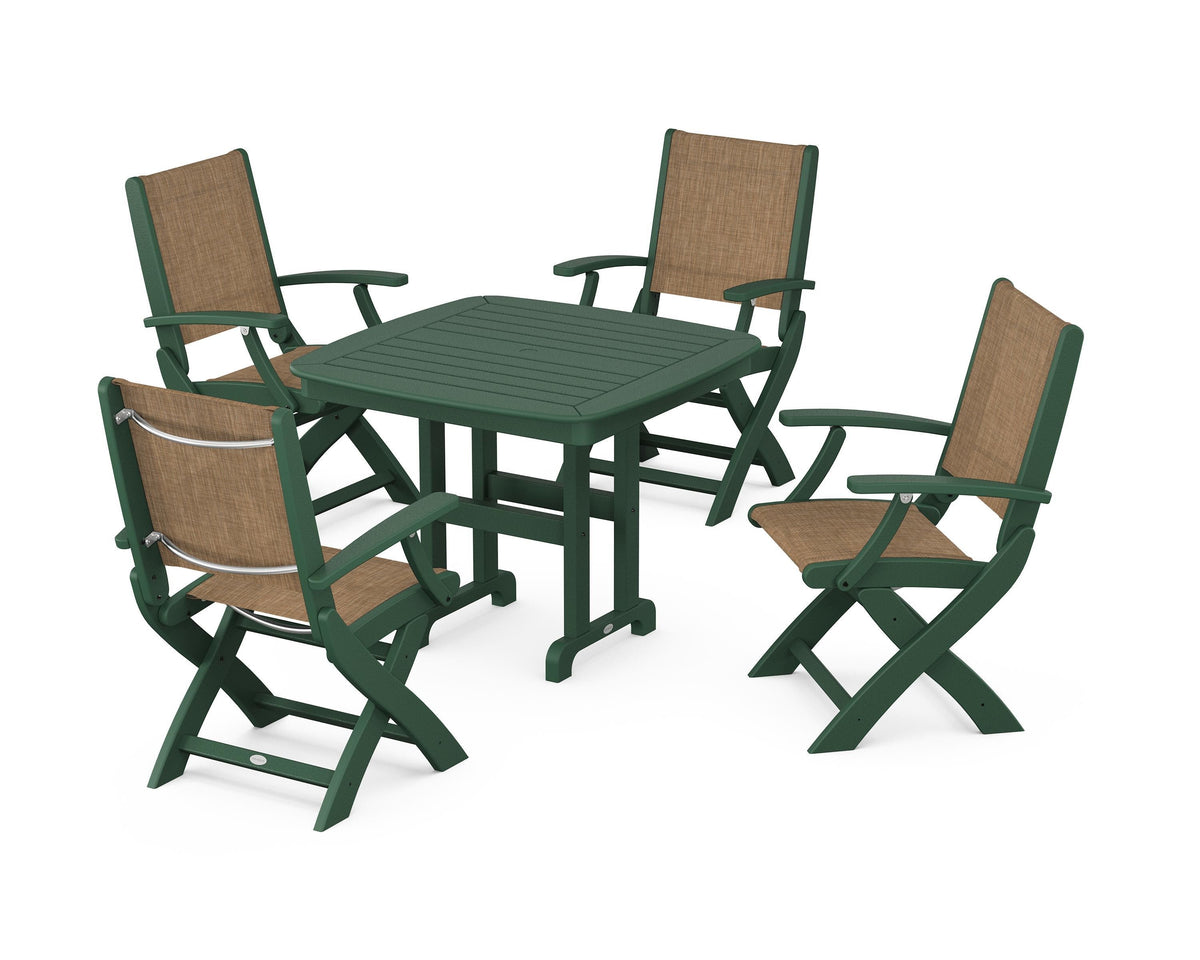 POLYWOOD Coastal Folding Chair 5-Piece Dining Set with Nautical 37" Dining Table in Green / Burlap